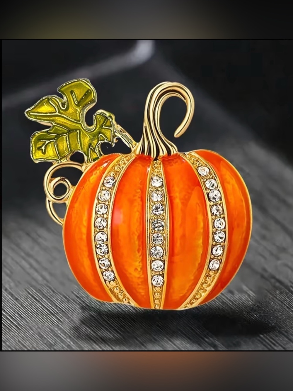 Gold-Tone Orange Pumpkin Brooch with Crystal Accents